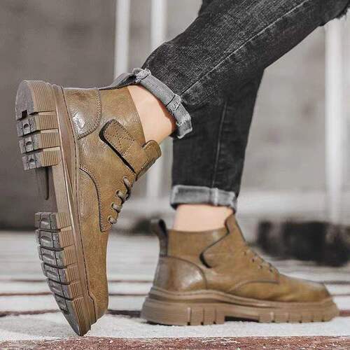Martin boots for men's autumn and winter new style thick sole warm mid-top men's shoes high-top leather shoes casual black work boots