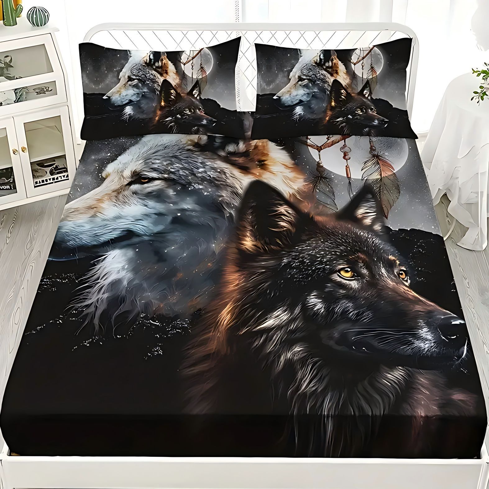 TEMU / JIT Transfronterizo Wolf Dreamcatcher Cama 3D impresión digital camisa colchón kit de ropa de cama se puede diseñar