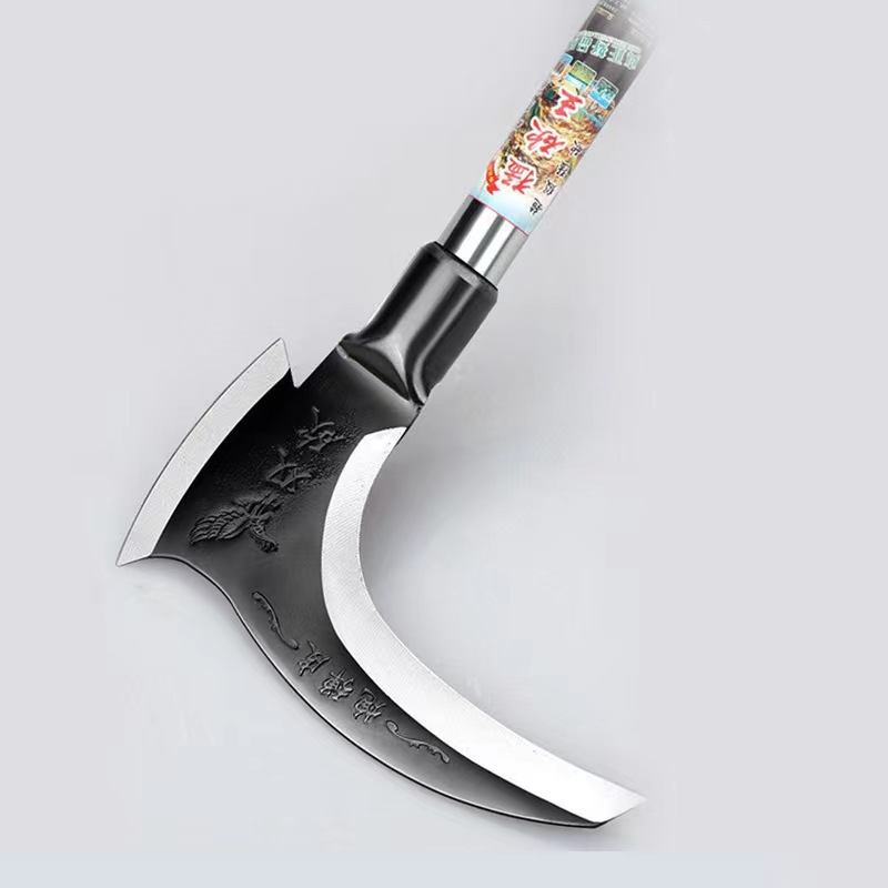 High manganese steel double-sided sickle with long handle, used for harvesting straw and grass, wide fan sickle, dual-purpose for cutting branches and firewood knife