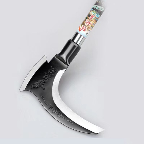 High manganese steel double-sided sickle with long handle, used for harvesting straw and grass, wide fan sickle, dual-purpose for cutting branches and firewood knife