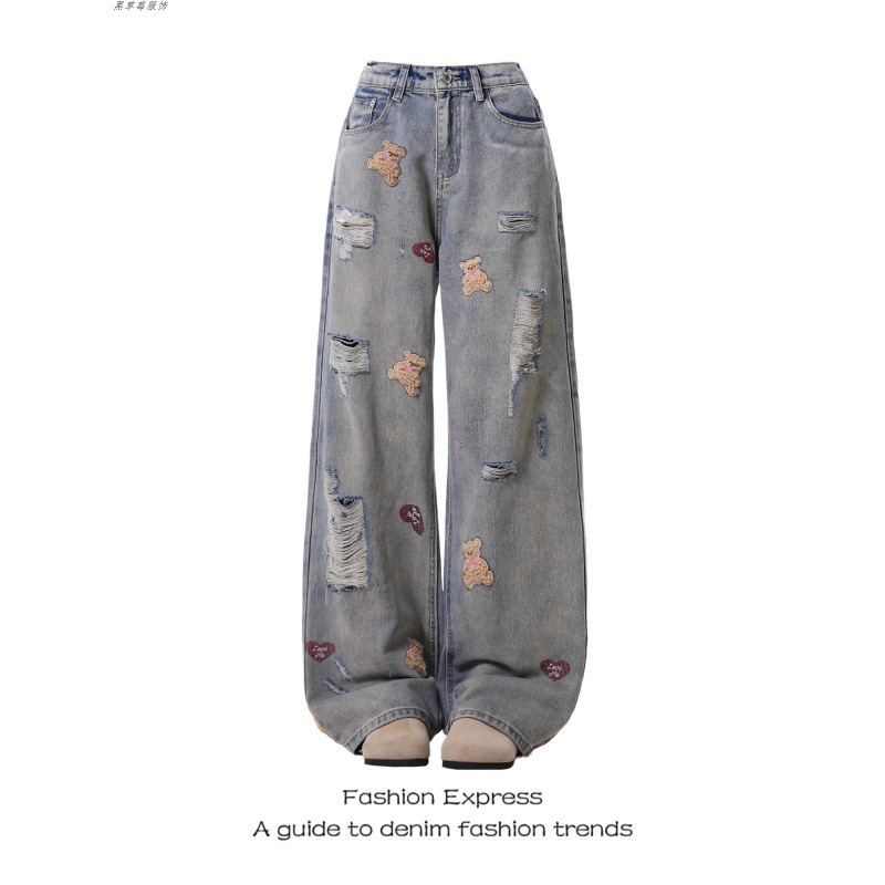 浅蓝小熊刺绣牛仔裤女春秋新款美式复古辣妹破洞毛边设计直筒裤潮