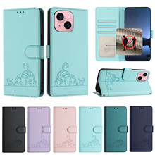 新款小猫咪压纹适用iPhone16promax带同款手绳翻盖插卡钱包皮套