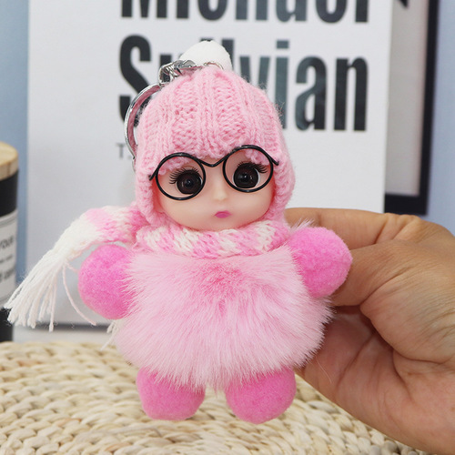 Creative keychain charm featuring a big-eyed cute kid, resembling a plush doll made of faux fur, suitable for bags and as a cartoon accessory.