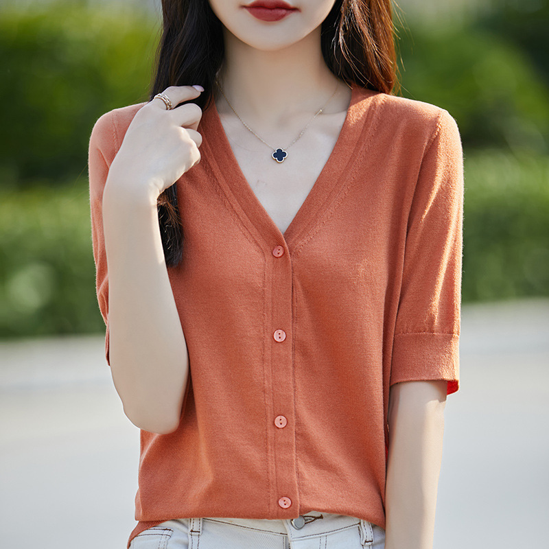 2024 Summer New V-neck Half-sleeve Cardigan Outer Mid-sleeve Silk T-shirt Short Top Knitted Short-sleeve Women