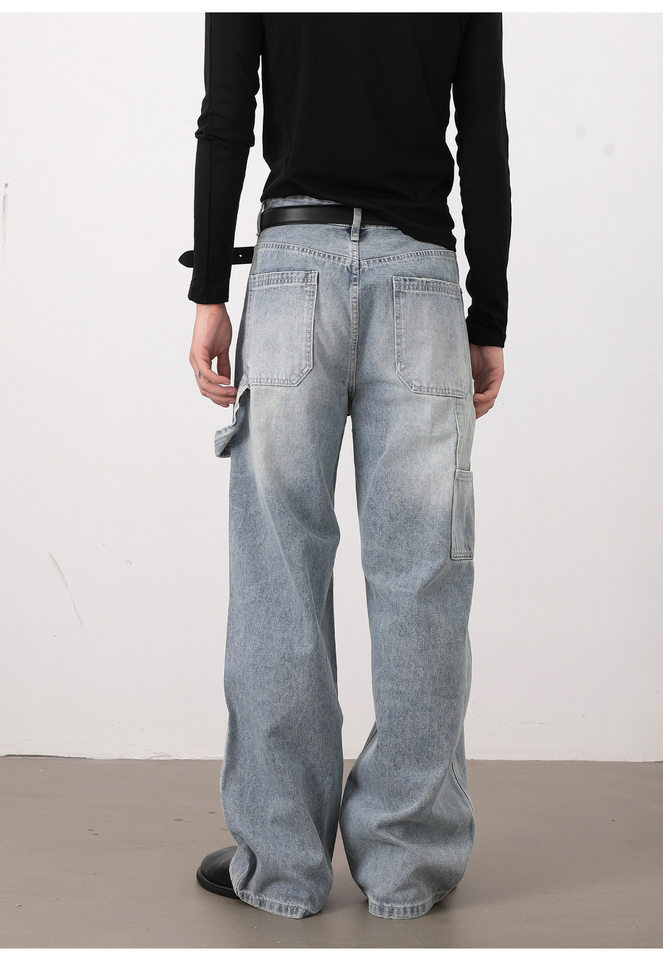 Quần jeans nam màu xanh nhạt dáng rộng ống đứng phong cách high street — Màu xanh dương chi tiết 15