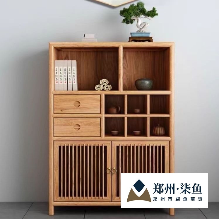 Elm Chinese-Style Sideboard Wine Cabinet Tea Room Bookcase Zen Entrance Tea Storage Solid Wood Living Room Storage Cabinet