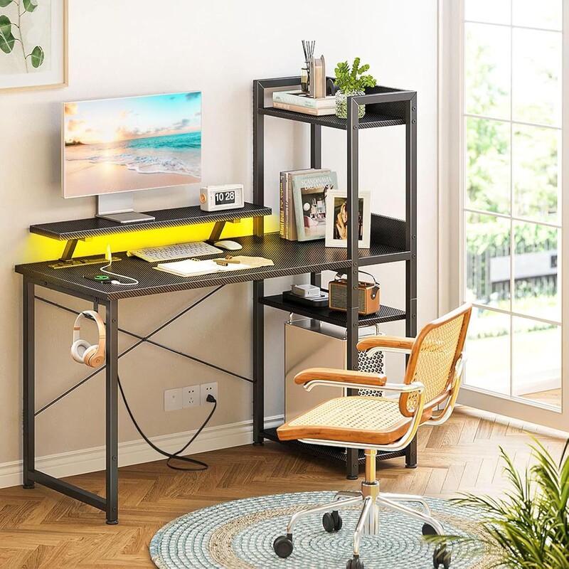 Double-Sided Gaming Desk with USB Charging Ports and Led Lights, 40inch Computer Desks with Storage Shelves and Display