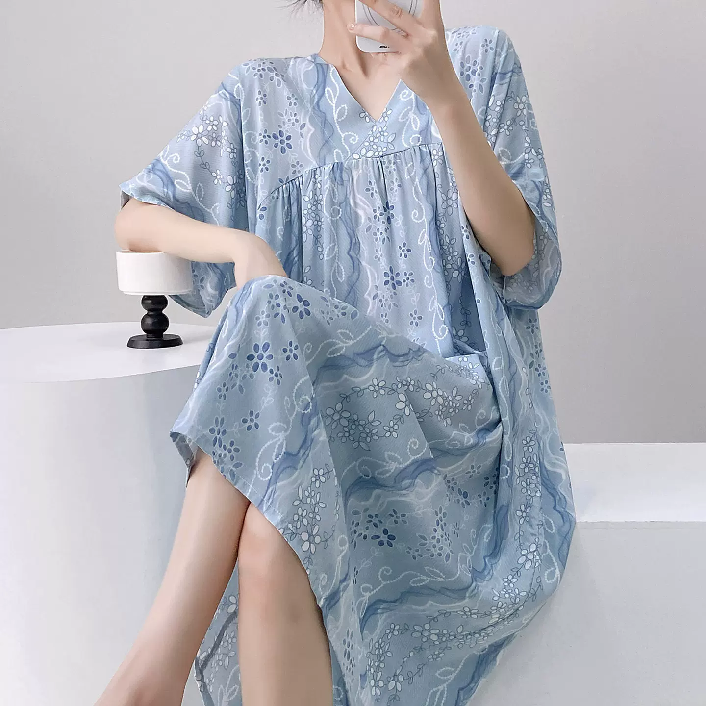 短袖棉绸睡裙女夏薄款宽松大码家居服套装可外穿休闲中长款连衣裙