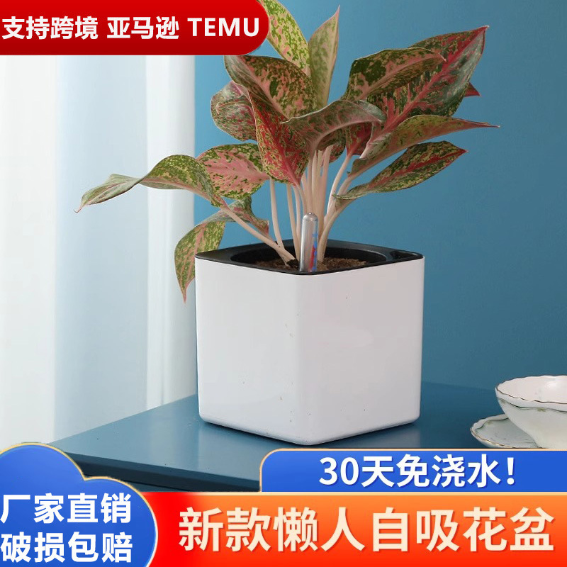 懒人花盆北欧简约绿萝箩吊兰水仙水培塑料树脂自吸水花盆方形批发|undefined