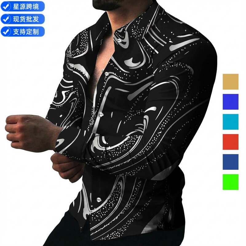 2022Wish European and American Men's Printed Long-Sleeved Shirt Casual Cardigan Buttoned 5XL High Elastic Lapel Slim Fit