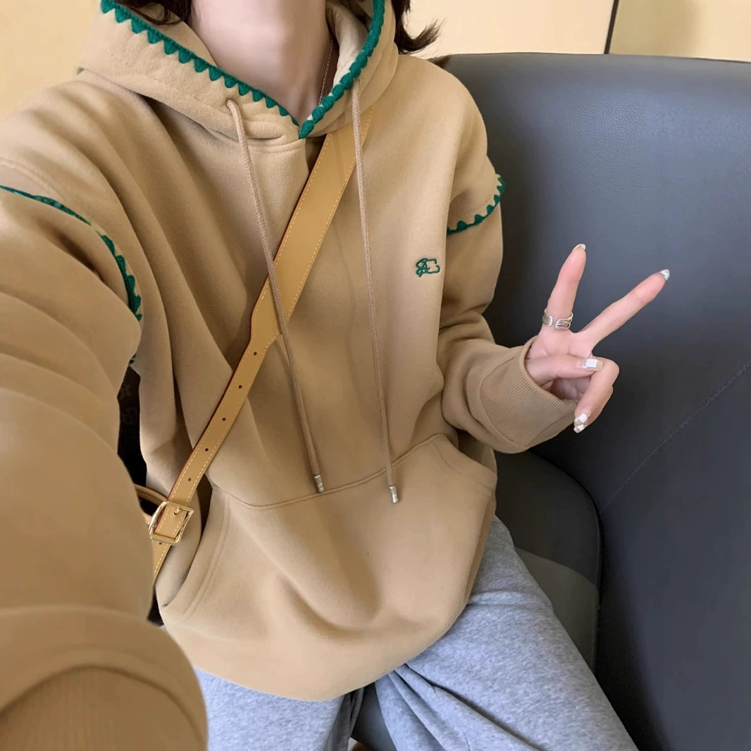 ADER осень-зима контрастный цвет мелкая вышивка с флисовой капюшной свитер корейская версия свободного досуга ленивый свитер с вышивкой из ракушек