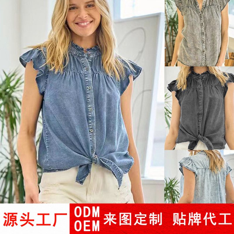 2025 New European and American Flying Sleeve Denim Shirt Women's Summer Casual Single-Breasted Loose Shirt Multi-Color Top