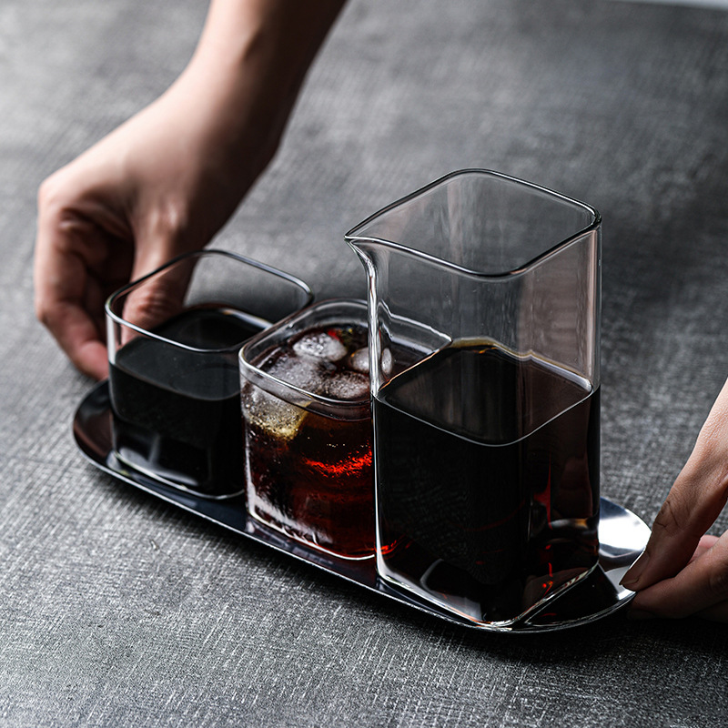 Japanese Simple Transparent Square Glass Set with Tray Household High Borosilicate High Temperature Resistant Hand Brewed Coffee Cup Without