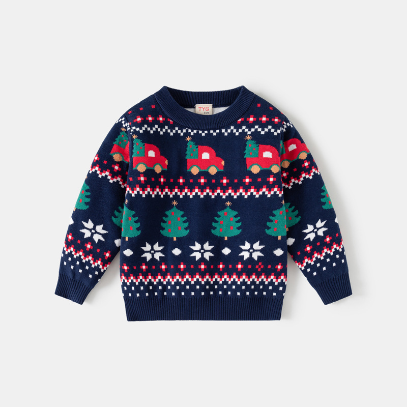 Children's Christmas Jacquard Double-Layer Sweater Boys' Pullover Knitwear Holiday Cartoon Car Autumn and Winter New Children's Clothing