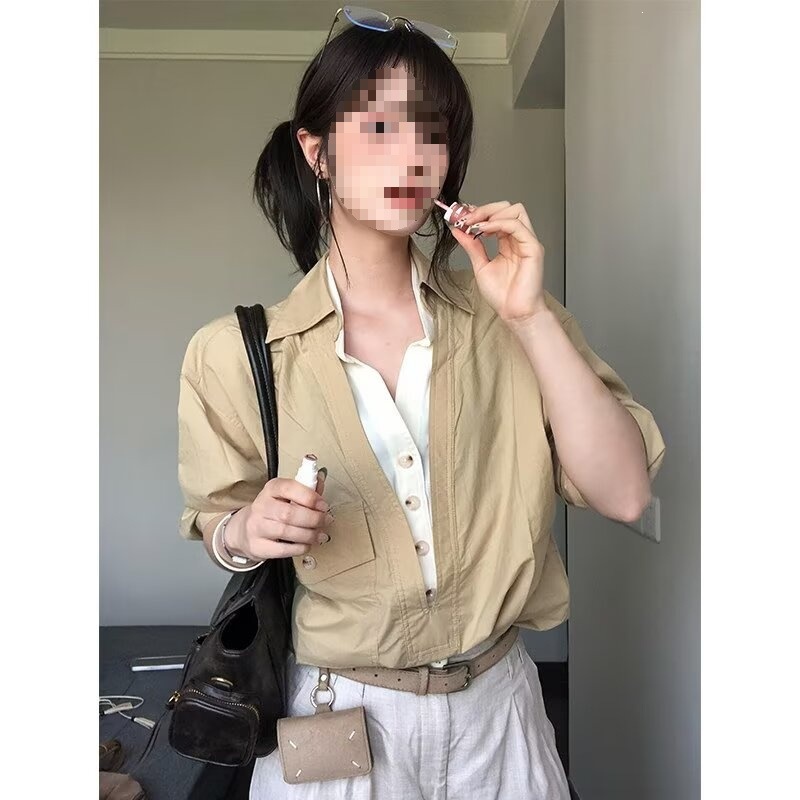 老钱风假两件V领衬衫男女秋季慵懒风设计感宽松穿搭拼接工装外套