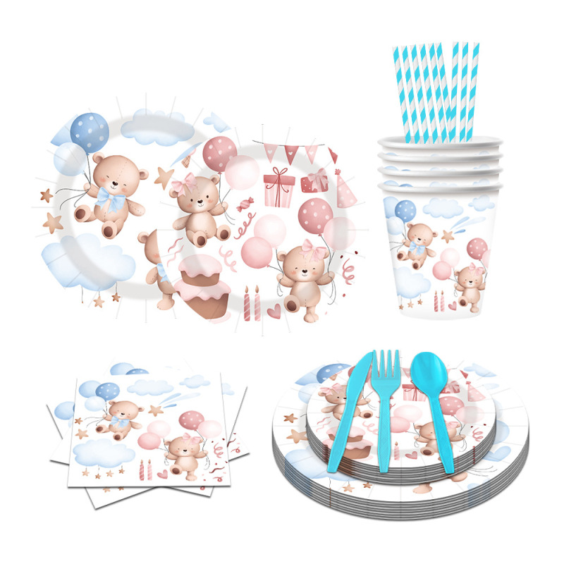 在庫ありクマバルーンテーマ子供の誕生日パーティー装飾用品使い捨て紙皿食器セット卸売|undefined