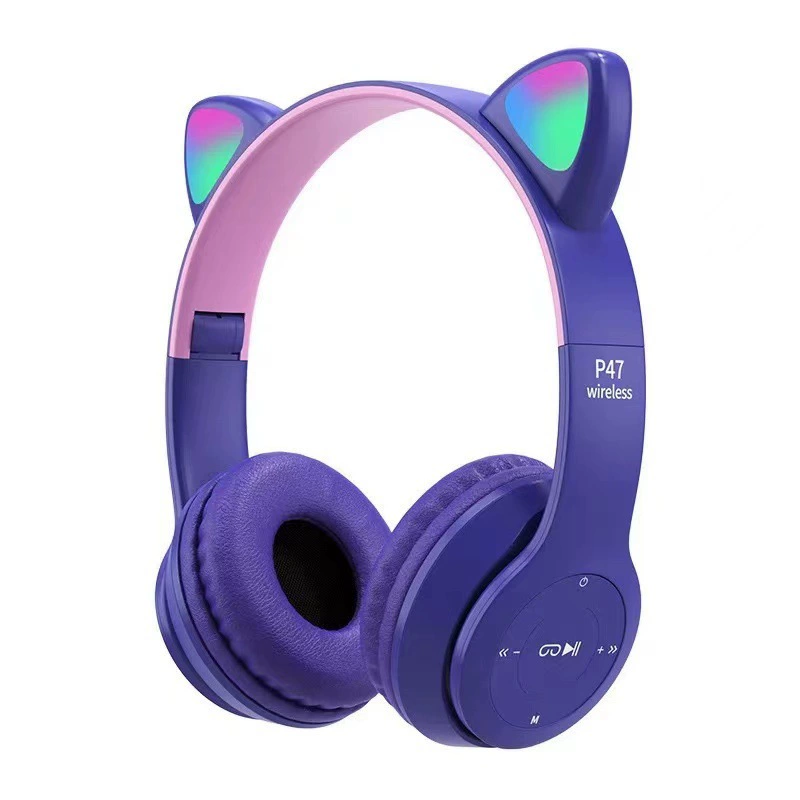 Bluetooth гарнитура P47M кошачьи уши, светящиесяRGB ушные светодиоды, тяжелый бас, беспроводной