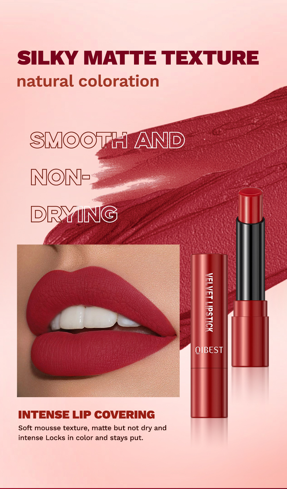 QIBEST Cross-border matte velvet matte lipstick is easy to color, does not stick to cups, does not fade, moisturizes and lasts long, and is a lipstick for makeup Application Scenario