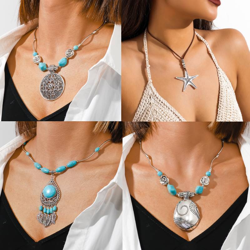 Longrui Cross-Border Hot-Selling Retro Ethnic Style Xizang Silver Creative Design Hollow Carved Turquoise Pendant Necklace