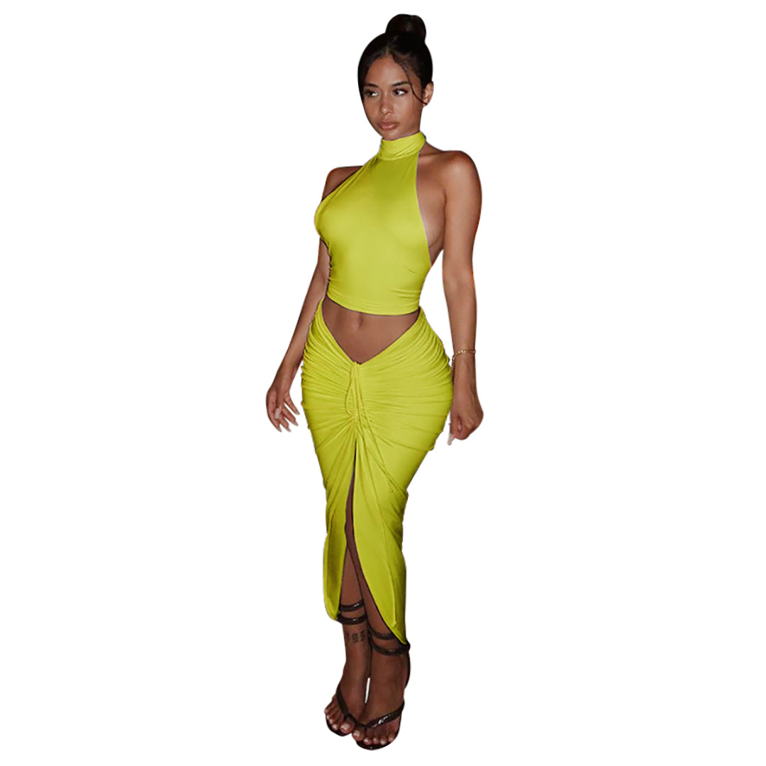 Summer Women Clothing Solid Color round Neck Cropped Backless Top Drawstring Mid Length Dress Set