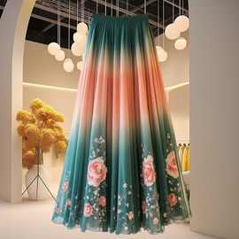 法式复古洋气漂亮印花半身裙2025秋季新款超仙高级感收腰长款裙子