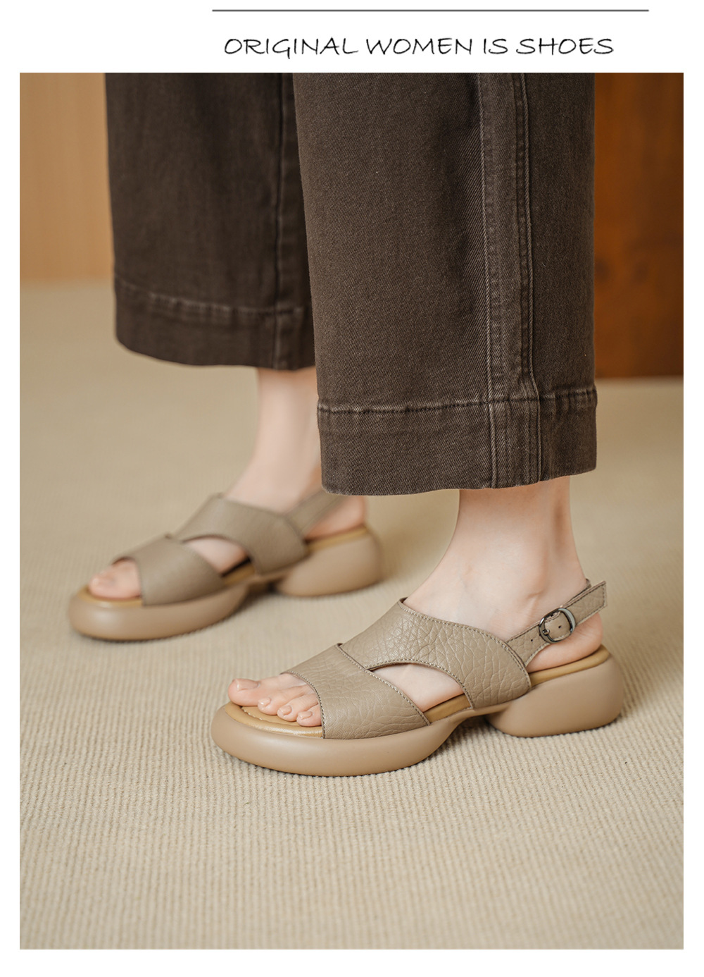 Sandal nữ hở mũi gót vuông đế dày quai ngang — Xám voi chi tiết 10