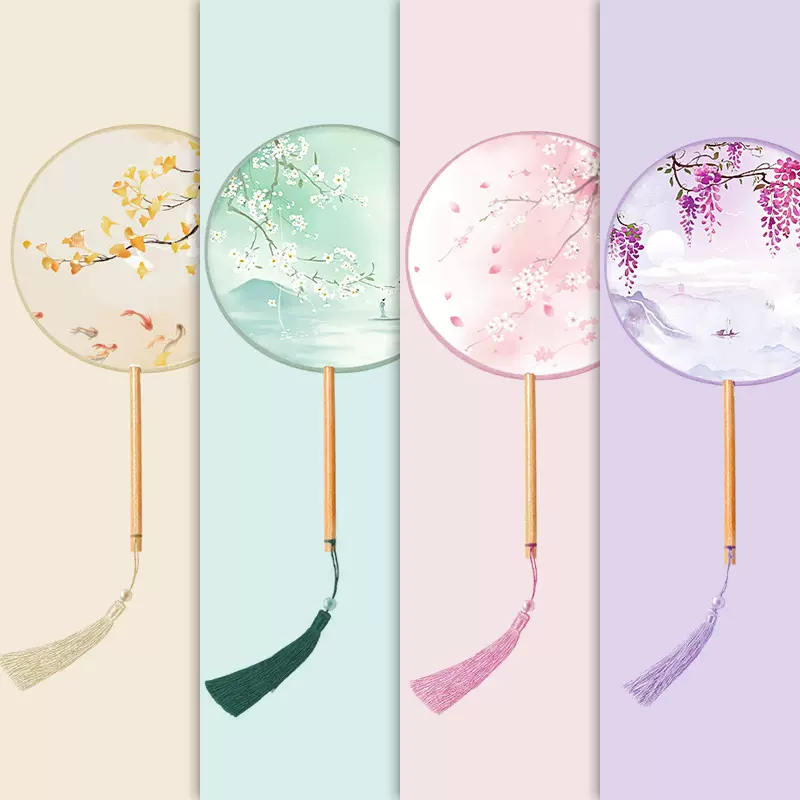 古装小圆扇丝质团扇古风扇子儿童汉服夏天女童舞蹈扇长柄旗袍搭配