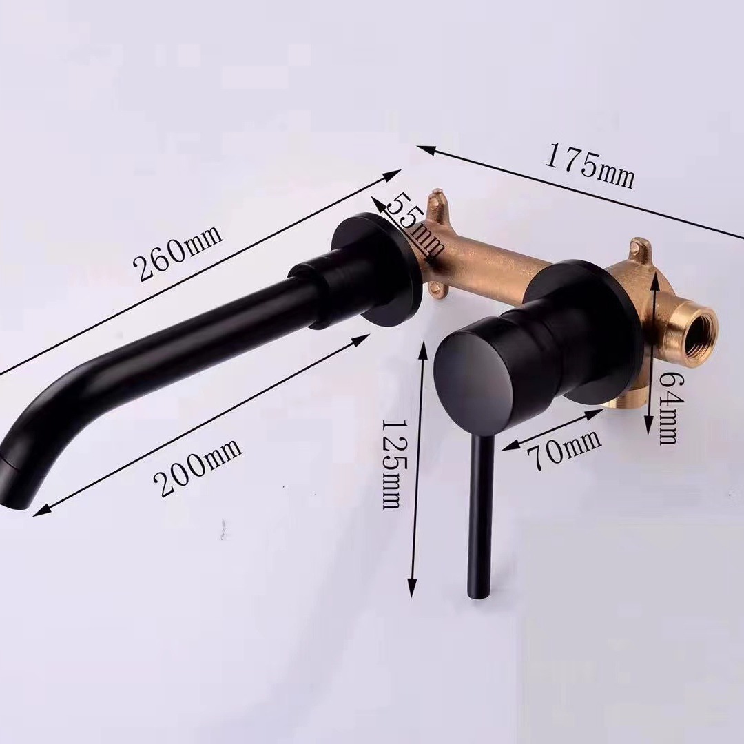 Todo cobre oculto montado en la pared grifo de la cuenca fría y caliente Pared de drenaje de agua negro Cuenca del grifo giratorio grifo de salida