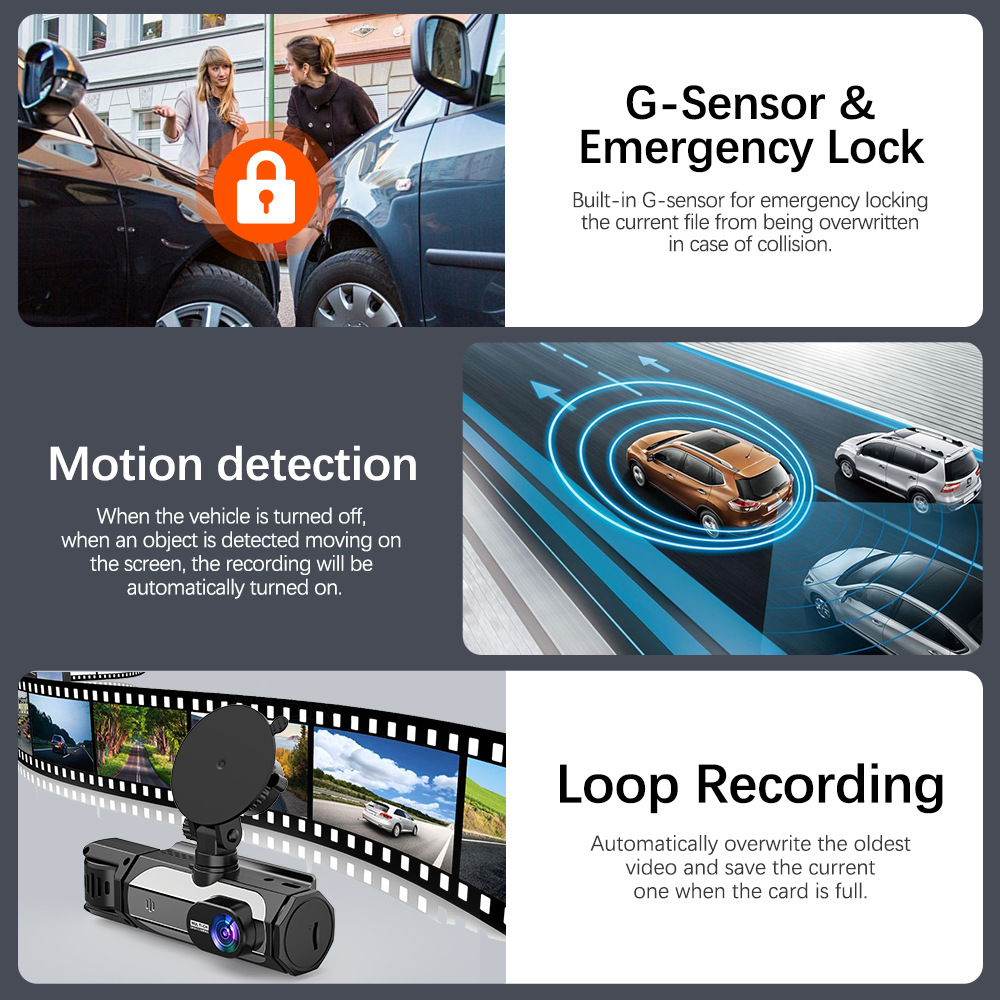 Three-camera dashcam 1080P HD front and rear interior night vision WiFi mobile phone connection loop recording
