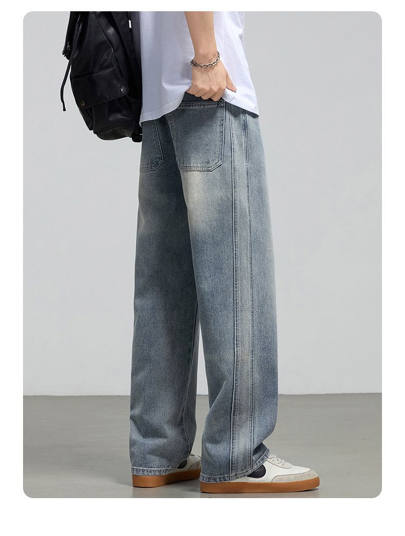 Classic Straight Leg Jeans For Men Mid Rise Washed Denim Trousers_voghion.com