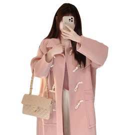 粉色牛角扣呢子外套女中长款冬季新款日系宽松加厚小个子毛呢大衣