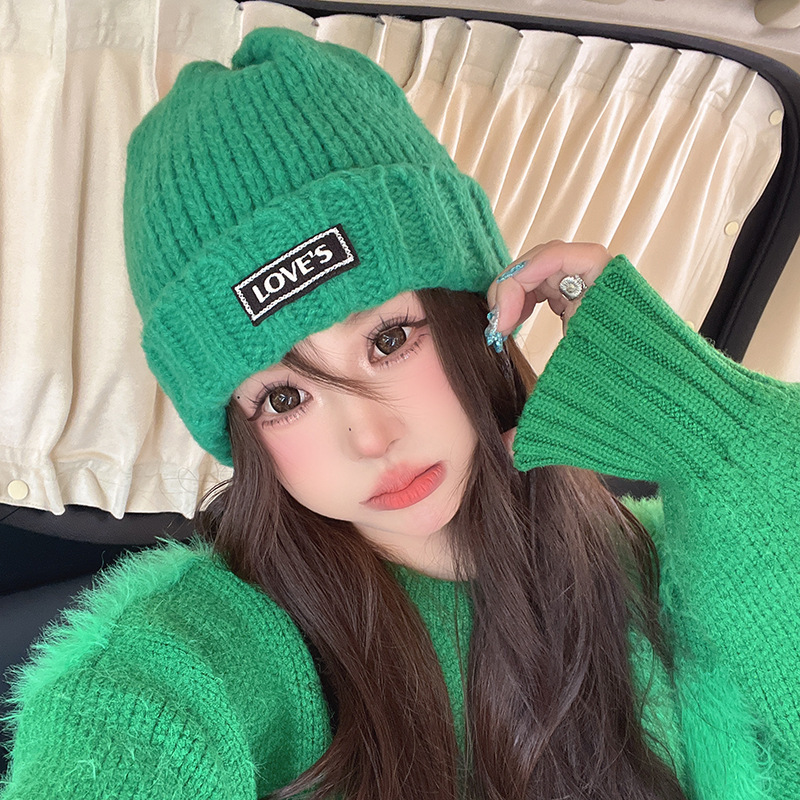Hat Women's thick knitted wool hat autumn and winter versatile big head circumference green loose ins trendy face-looking small knitted hat