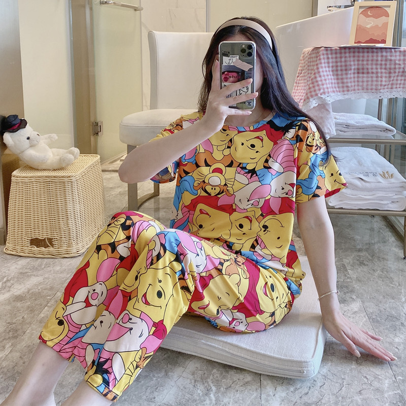 女性のためのパジャマ夏半袖韓国スタイル春と秋のかわいいズボン薄い 2025 ルーズホーム服セット大きいサイズ漫画