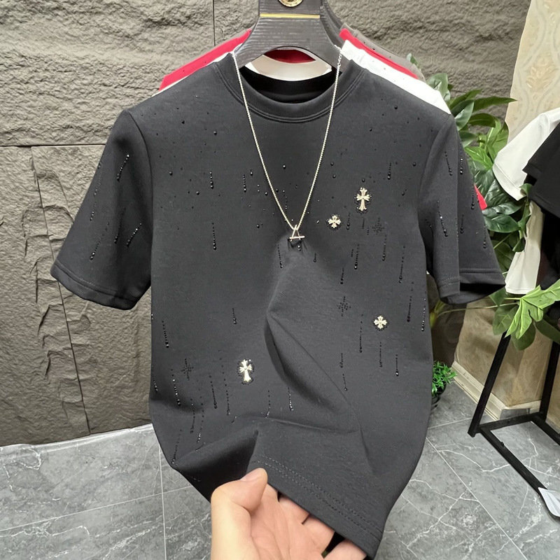 Summer New Style Meteor Full Diamond Trendy Brand Round Neck Short-Sleeve Men's High-End Rhinestone Embroidered Casual Round Neck T-Shirt Half-Sleeve Summer New Style Meteor Full Diamond Trendy Brand Round Neck Short-Sleeve Men's High-End Rhinestone Embroidered Casual Round Neck T-Shirt Half-Sleeve