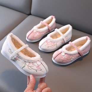 Winter Hanfu shoes Children's cotton shoes old Beijing cloth shoes fleece-lined embroidered shoes Chinese style embroidered non-slip soft bottom girls' shoes