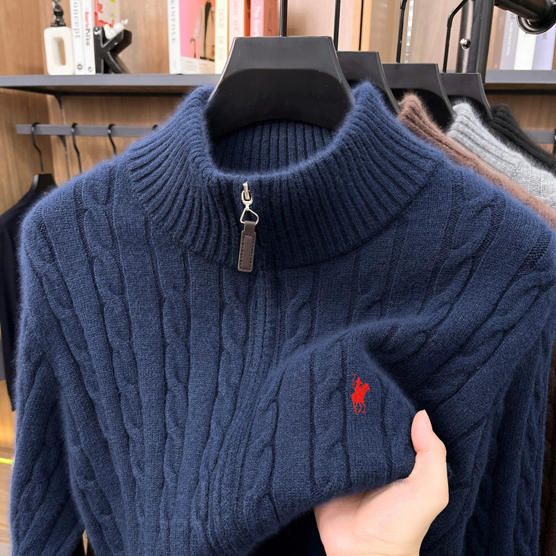New autumn and winter sweater cardigan for men, featuring a fashionable Ralph Lauren-style embroidered design, a stand-up collar, and a zip-up closure