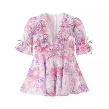 外贸2025夏季新款欧美风女装时尚性感辣妹V领高端立体花朵连衣裙