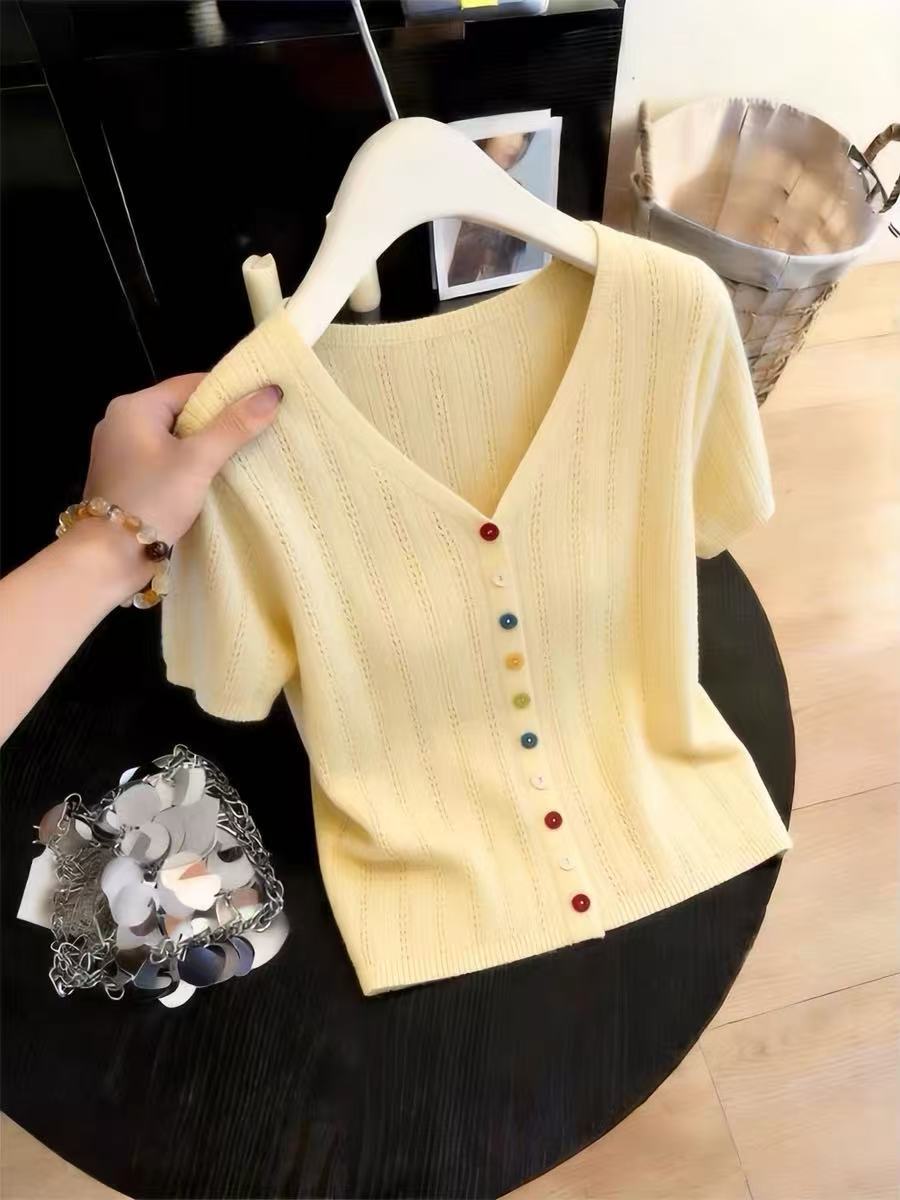Women's Summer V Neck Hollow Short Sleeve T-Shirt Lightweight Slimming Knitted Cardigan Top New Style_ecoleips.com