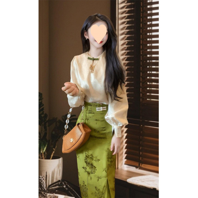 新中式气质国风两件套女装2025春秋新款时尚衬衫提花半裙禅意套装|undefined