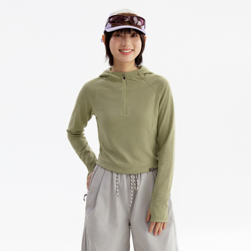 Outdoor long-sleeved women's T-shirt with floral yarn texture, half-zip, hooded, thumbhole, short, sun-protective long-sleeved T-shirt Outdoor long-sleeved women's T-shirt with floral yarn texture, half-zip, hooded, thumbhole, short, sun-protective long-sleeved T-shirt