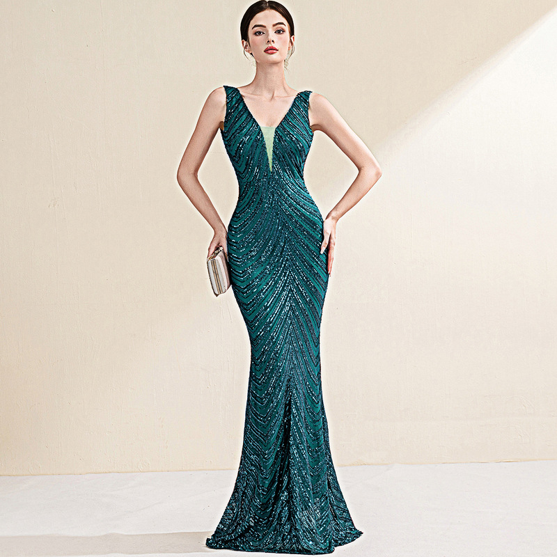Evening dress women's sequined company annual meeting online celebrity activity evening banquet car model etiquette Lady slimming long dress