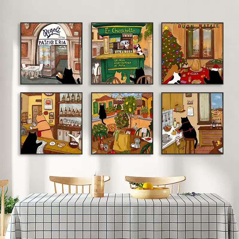 Cartoon cat decorative painting, healing style, wall hanging painting for Western restaurants, bakeries, cafes, bistros, and kitchens Cartoon cat decorative painting, healing style, wall hanging painting for Western restaurants, bakeries, cafes, bistros, and kitchens