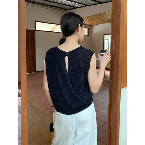 Wanwei French Design Knit Top for Women 2024 Summer New Arrival Striped Cross-Back Strappy Tank 007