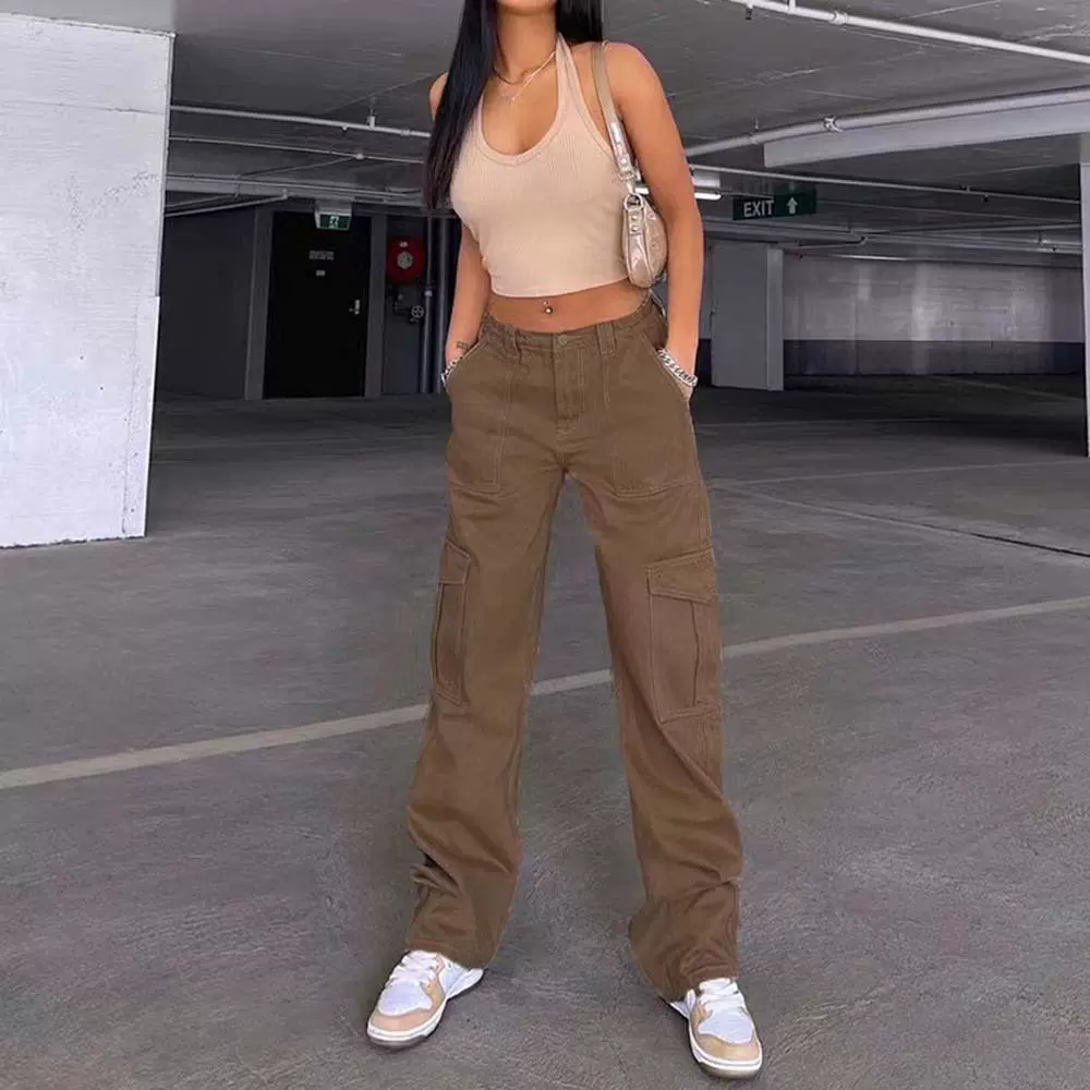 2023欧美女装新款高腰口袋工装裤亚马逊直筒裤休闲百搭牛仔裤 女