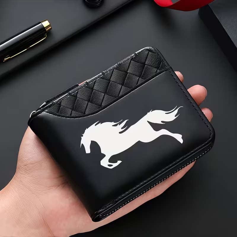 Men's Short Wallet PU Leather Zipper Style Horse Pattern Multi-Card Slot Wallet Black Fashionable Men's Wallet