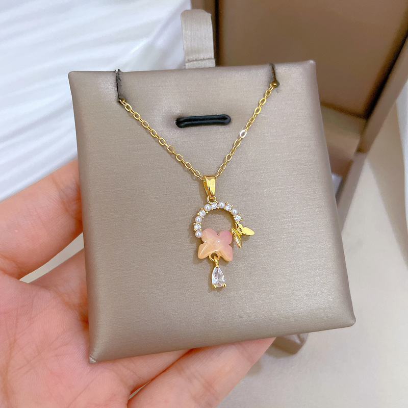Perlen Schmetterling Diamant Halskette Elegante Kette Für Damen_voghion.com