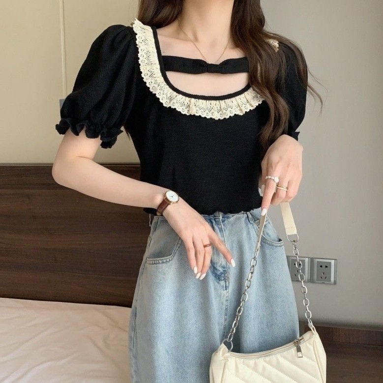 Summer Japanese soft girl cute lace puff sleeve square collar top…