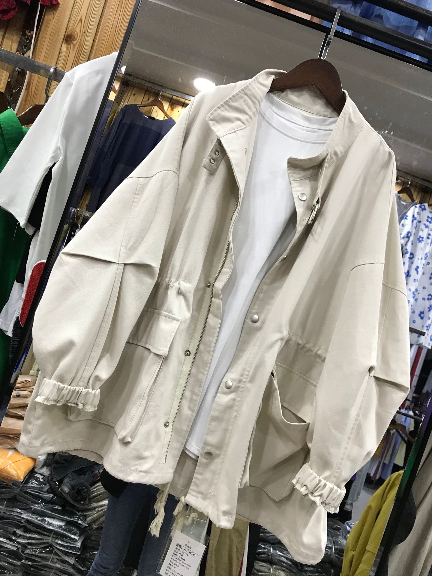 5142 Stand collar Buckle Cotton work clothes Windbreaker Long sleeve Crimp Waist Frenum Easy Mid length version coat