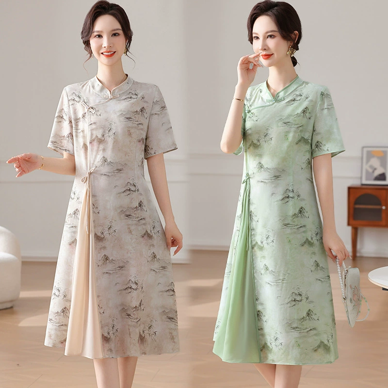 Новое платье Cheongsam в китайском стиле для мам, летнее платье для скрытия живота и стройности, мода для женщин среднего и пожилого возраста и благородная шифоновая юбка