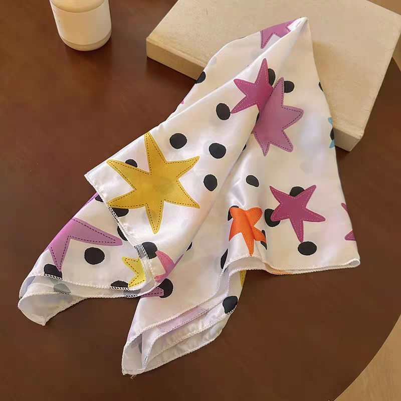 White background colorful star polka dot silk scarf-65*65cm